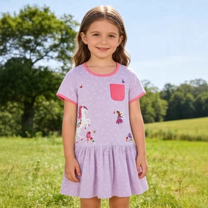 Damen Sommer Baumwolle Strick Kurzarm Kleid Hellviolett Herzmuster Einhorn Fee Stickerei Rüschen Prinzessin Kleid