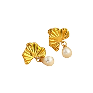 Elegant 18K gold plated ginkgo leaf stud earrings with teardrop pearls for women