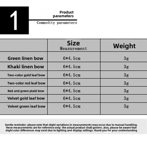 Size chart for mini 6x4.5cm Christmas linen bows in various styles and materials