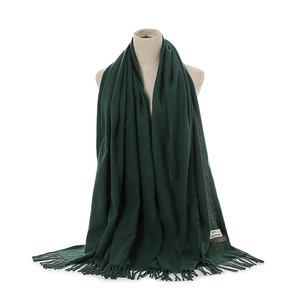 Dark green winter cashmere scarf, elegant warm fringed shawl for women, soft cozy neck wrap.