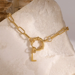 18k gold plated stainless steel curb chain bracelet with letter L pendant on stone