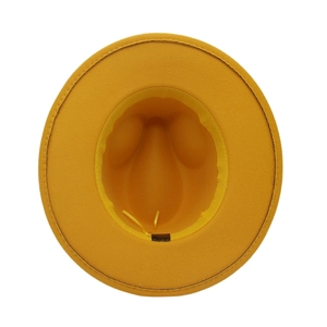 Detail of yellow wool fedora hat interior showing adjustable ribbon and sweatband