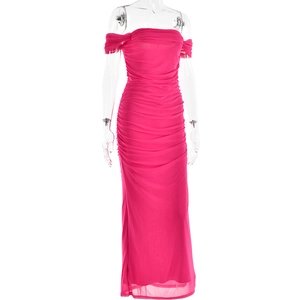 Detail of rose red off-shoulder maxi dress with elegant ruching and bodycon fit