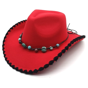 Vintage Western Cowboy Hat With Ethnic Beaded Band Wide Brim Cotton Felt Sun Hat For Women Men Bohemian Jazz Cap
