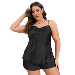 Women's black satin sleepwear set with cowl neck camisole and matching shorts
