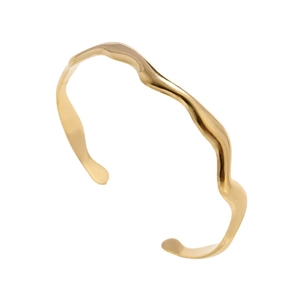 Minimalist gold wavy stainless steel open bangle bracelet with a polished finish