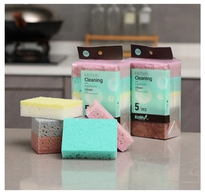 Close-up of high-density multi-colored kitchen sponges in 5-piece bulk packaging