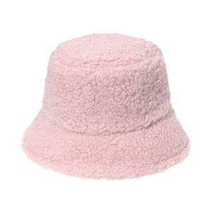 Plush pink faux shearling bucket hat for winter featuring soft lamb wool texture and plain style