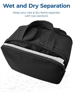 Detail of black travel toiletry bag showing wet and dry separation and dual compartments