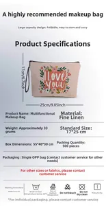 Detailed view showing 17x25cm dimensions and floral heart print on linen makeup bag