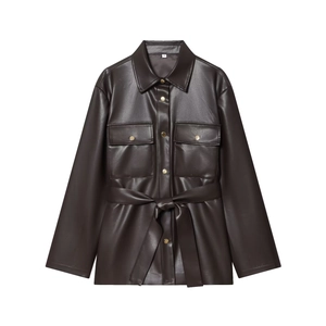 Shacket En Similicuir Pour Femmes Avec Ceinture Poches Cargo Boutons Dorés Manches Longues Revers Vêtements D'extérieur Élégants