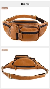 Detailed views of the front and back of this brown leather waist bag with multiple pockets