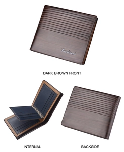 Detailed views of dark brown bifold wallet showing embossed texture and blue inner slots