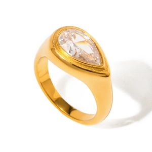 18k gold plated stainless steel ring featuring a pear-cut white zircon teardrop gemstone