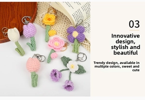 Detailed view of handcrafted crochet flower keychain with intricate woven plant petal design