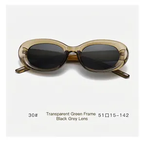 Detail view of oval vintage sunglasses in transparent green with size specifications