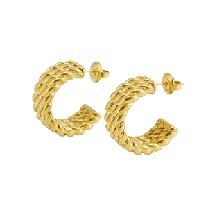 Elegant gold twisted C-shape hoop earrings made of premium stainless steel with glossy finish
