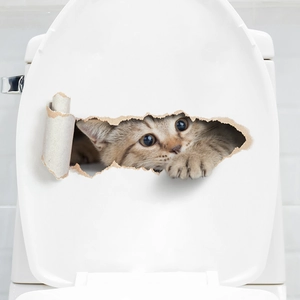 Detail of creative 3D tabby cat toilet lid sticker with waterproof vinyl hole effect
