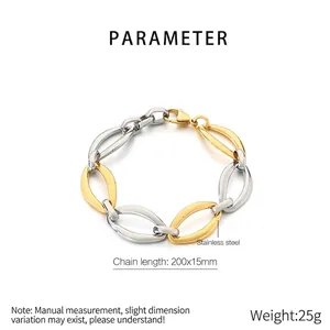 Detail view of two-tone gold and silver link bracelet with stainless steel parameters