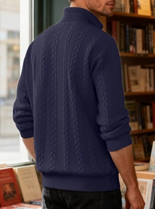 Detailed close-up of dark blue knit sweater showing cable knit texture and stand-up collar