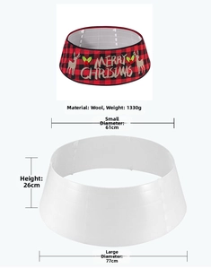 Detail view of red black plaid Christmas tree collar with Merry Christmas deer embroidery
