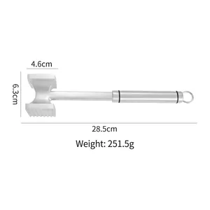 Dual-sided stainless steel meat tenderizer mallet with 28.5cm long handle and hanging loop