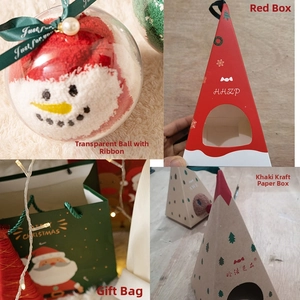 Detailed view of four festive Christmas gift packaging options including boxes and bags