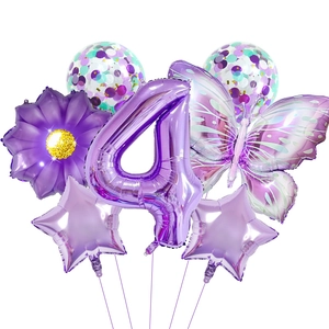 Purple butterfly sunflower balloon set with number 4 and sequins for birthday decor