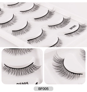 Macro detail of model BF005 synthetic fiber eyelashes in a 5-pair pack set