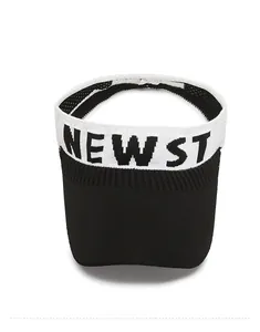 Top view of knitted sun visor showing black and white NEW ST lettering and breathable mesh