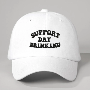 Minimalist white baseball cap featuring black Support Day Drinking embroidery on front