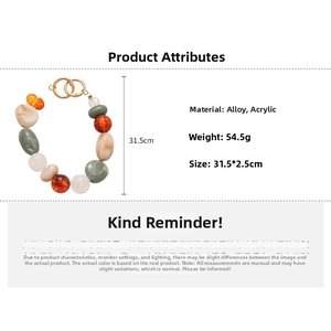 Detail showing colorful acrylic beads and gold alloy rings with product measurements