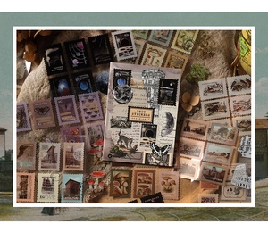 Close-up of vintage stamp-style PET stickers on burlap texture with decorative props