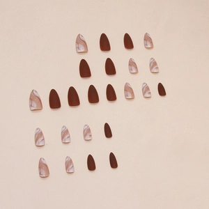 24pcs almond matte dark brown and marble ink press-on nails set on beige background