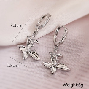Detail shot of butterfly drop earrings with cubic zirconia and dimension labels