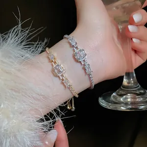 Luxury adjustable zircon bracelets with geometric emerald-cut stones in gold and silver