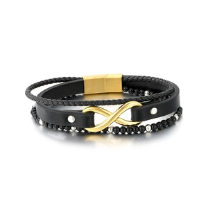 Multi-layer black leather braided bracelet with gold infinity charm and magnetic clasp