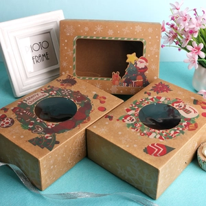 Christmas kraft paper cupcake boxes with PVC window featuring Santa and snowman patterns