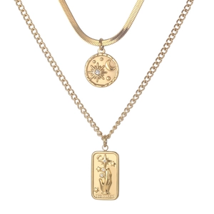 Double-layered gold star and moon tarot necklace with rectangle and round pendants