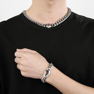 Polished silver cuban chain necklace and bracelet with round red gemstone inlay