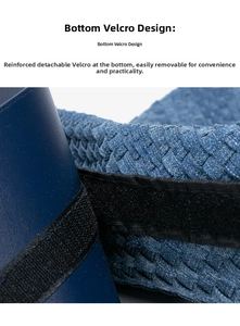 Detail of the woven denim bag showing the detachable velcro strap on the bottom