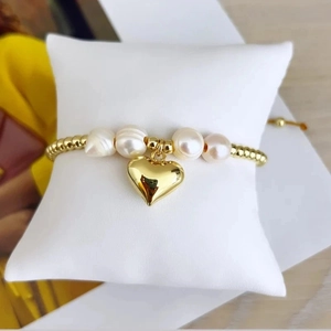 Baroque natural pearl heart bracelet with 18K gold beads and adjustable drawstring