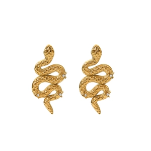 18K gold plated stainless steel snake earrings with scale texture and crystals