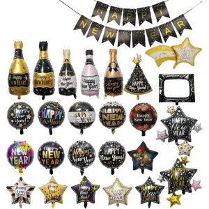 Happy New Year Foil Balloons Champagne Bottle And Star Shape Mylar Balloon Festive Party Decoration Black Gold