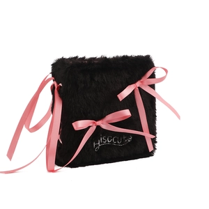 Plush black photo album bag with pink ribbon bows and artistic HISoccute embroidery