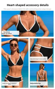 Detail of contrast bikini with heart-shaped metal buckles and side cut-out design