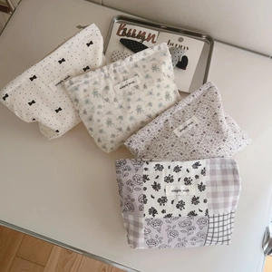 Small Cotton Canvas Makeup Pouch Floral Print Cosmetic Bag Zipper Travel Organizer Portable Storage Purse Women