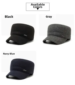 Detail of wool texture flat top caps with Sports metal logo in black, grey, and navy