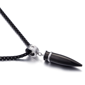 Punk black bullet pendant necklace in stainless steel with crystal accent on box chain