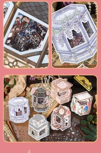 Detail of 3D layered ancient Chinese architecture stickers with crane and floral motifs